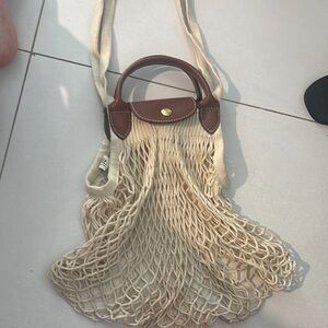 Longchamp Cream and Brown Shoulder Bag with Mesh Design